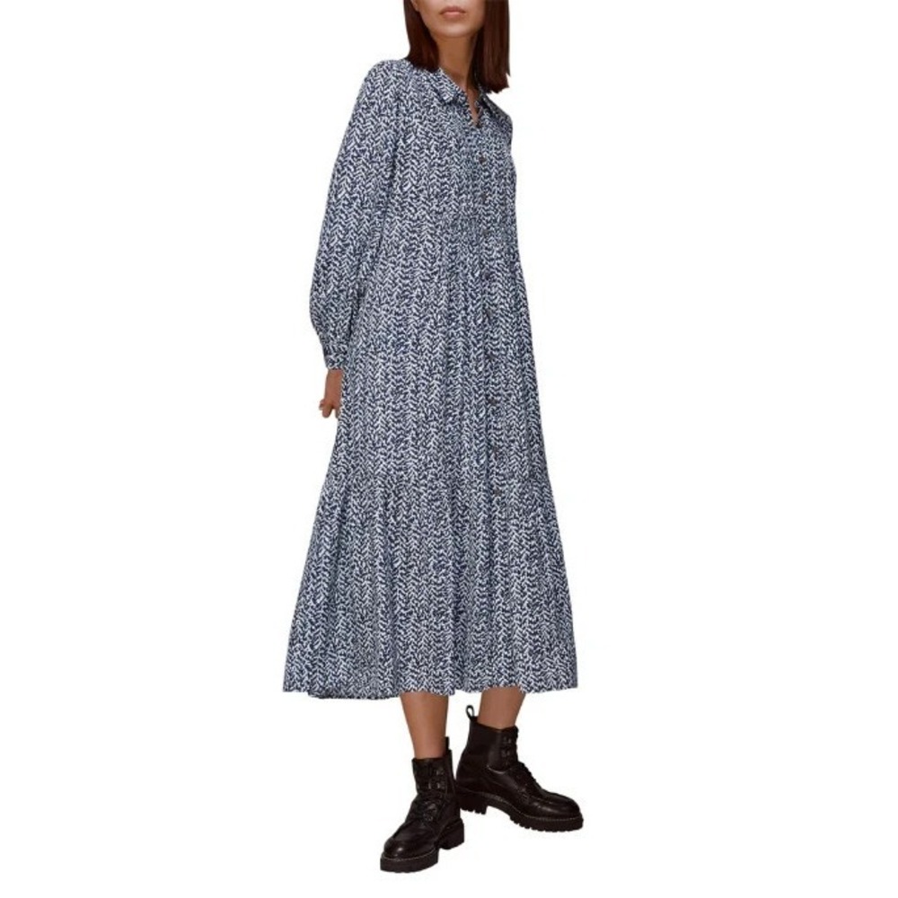 Whistles Trapeze Shirt Dress 4 Textured Zig Zag Blue Midi Maxi Boho Chic Flowy